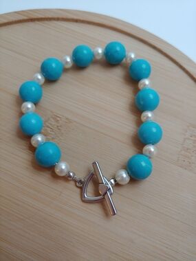 Turquoise Bead & Pearl Toggle Bracelet - Women Jewelry